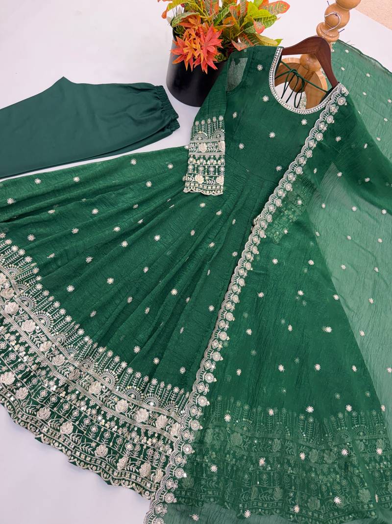 Green embroidered crunchy silk blend anarkali suit set