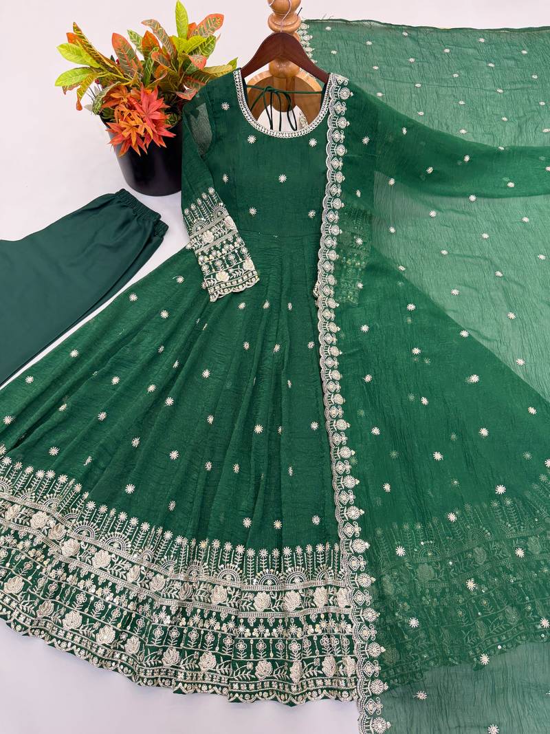 Green embroidered crunchy silk blend anarkali suit set