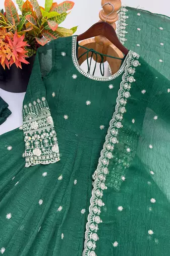 Green embroidered crunchy silk blend anarkali suit set