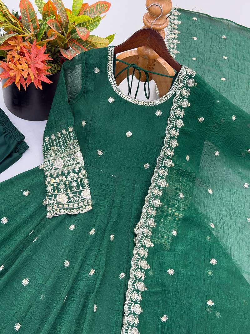 Green embroidered crunchy silk blend anarkali suit set