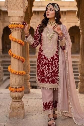 Pink embroidered faux georgette salwar suit set