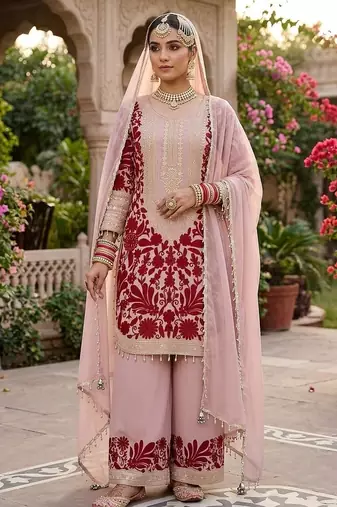 Pink embroidered faux georgette salwar suit set