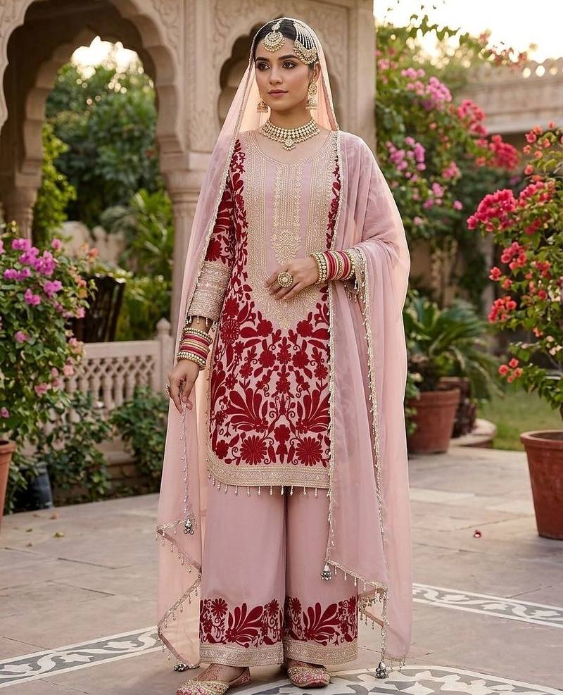 Pink embroidered faux georgette salwar suit set