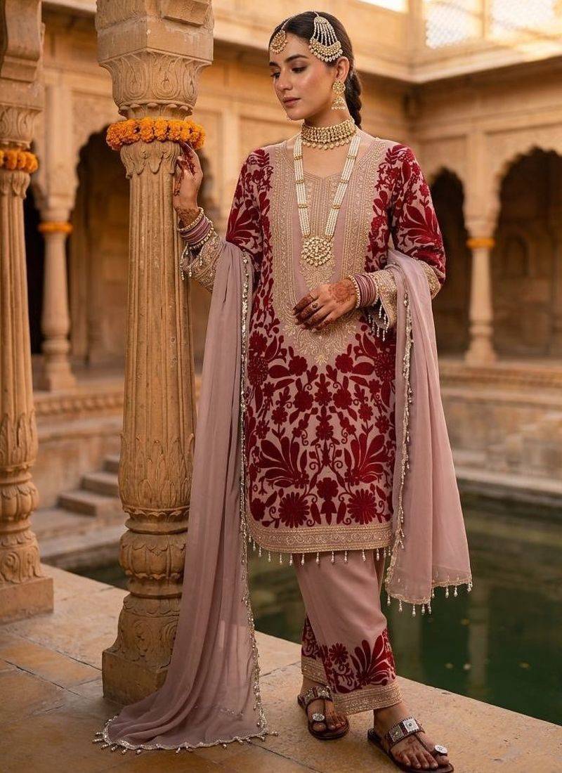 Pink embroidered faux georgette salwar suit set