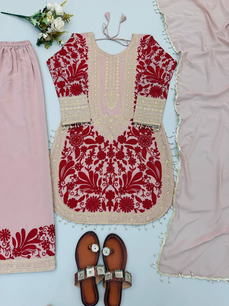 Pink embroidered faux georgette salwar suit set
