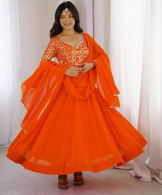 Orange sequin embroidered georgette anarkali gown set 1