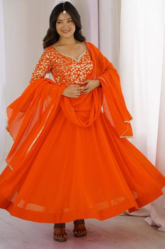 Orange sequin embroidered georgette anarkali gown set