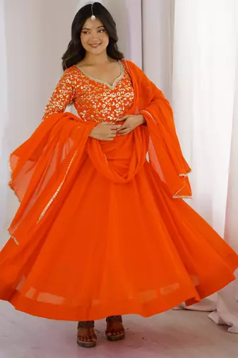 Orange sequin embroidered georgette anarkali gown set
