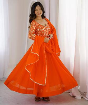 Orange sequin embroidered georgette anarkali gown set 2