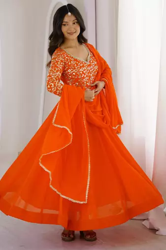 Orange sequin embroidered georgette anarkali gown set