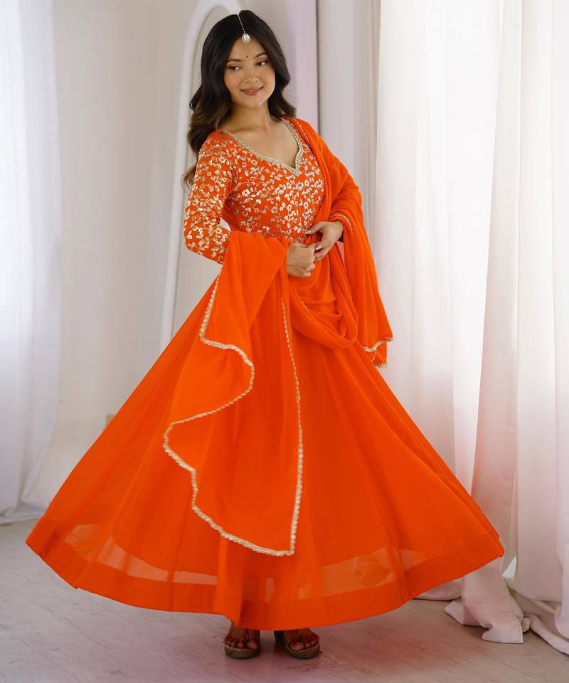 Orange sequin embroidered georgette anarkali gown set