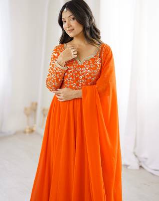 Orange sequin embroidered georgette anarkali gown set 4