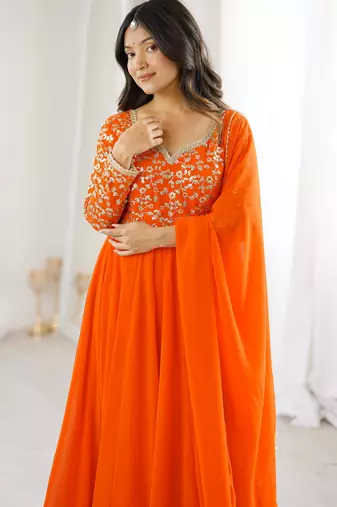 Orange sequin embroidered georgette anarkali gown set