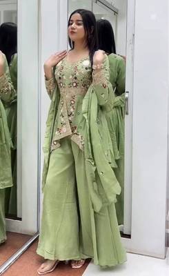 Sage green embroidered rangoli silk blend kurta pant set with dupatta 1