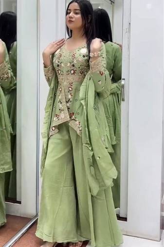Sage green embroidered rangoli silk blend kurta pant set with dupatta