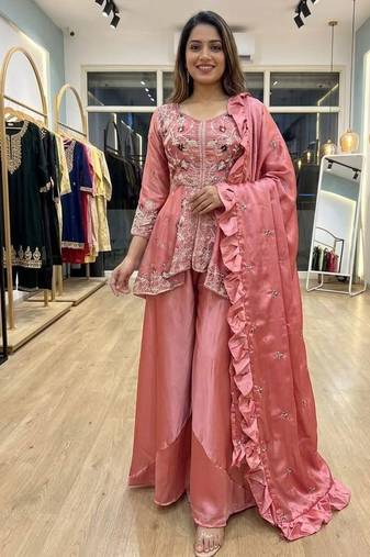 Rose embroidered rangoli silk blend kurta pant set with dupatta