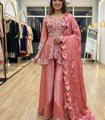 Rose embroidered rangoli silk blend kurta pant set with dupatta