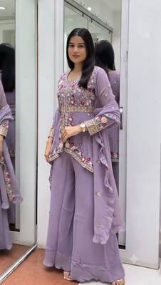 Lavender embroidered rangoli silk blend kurta pant set with dupatta 1