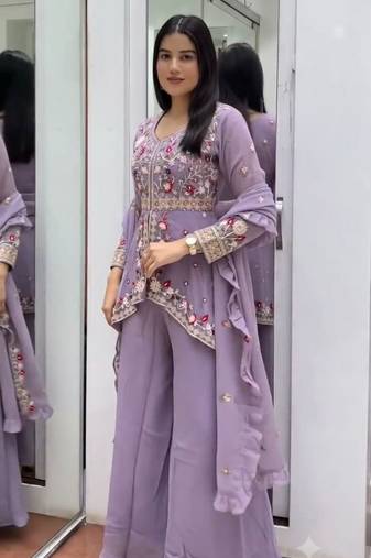 Lavender embroidered rangoli silk blend kurta pant set with dupatta