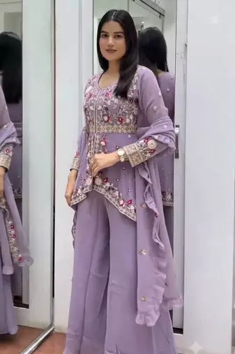 Lavender embroidered rangoli silk blend kurta pant set with dupatta