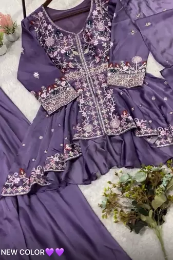 Lavender embroidered rangoli silk blend kurta pant set with dupatta