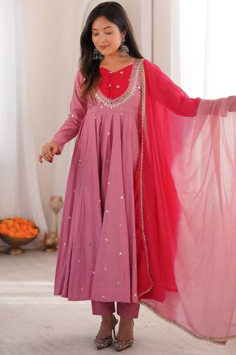 Pink roman silk blend anarkali suit set with mirror work dupatta