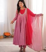 Pink roman silk blend anarkali suit set with mirror work dupatta