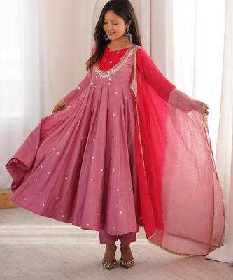 Pink roman silk blend anarkali suit set with mirror work dupatta 2