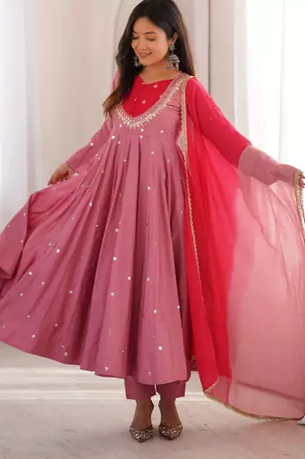 Pink roman silk blend anarkali suit set with mirror work dupatta