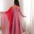 Pink roman silk blend anarkali suit set with mirror work dupatta