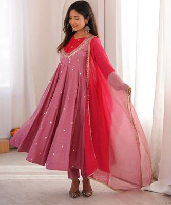 Pink roman silk blend anarkali suit set with mirror work dupatta 4
