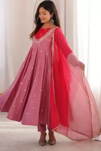 Pink roman silk blend anarkali suit set with mirror work dupatta