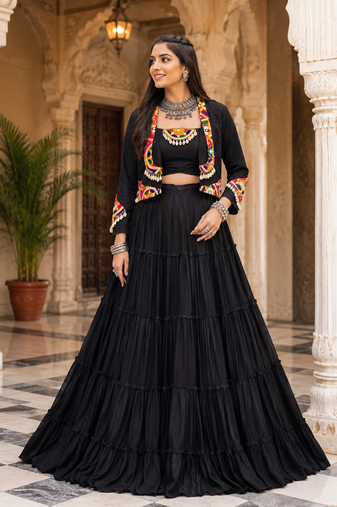 Black Navratri Rayon Lehenga Choli with Jacket Set