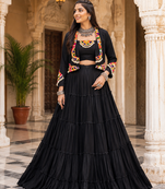 Black Navratri Rayon Lehenga Choli with Jacket Set