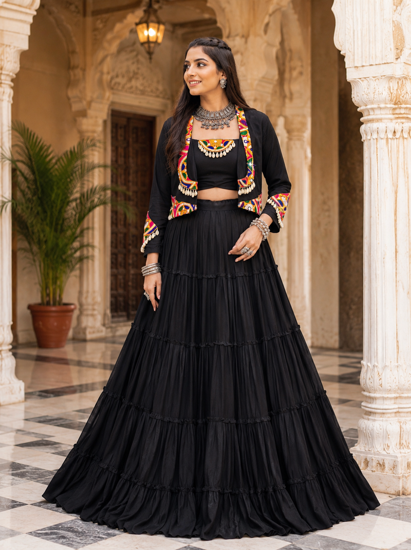 Black Navratri Rayon Lehenga Choli with Jacket Set