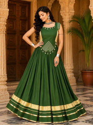 Green Navratri Rayon Lehenga Choli Set with Designer Panel Work 1