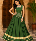 Green Navratri Rayon Lehenga Choli Set with Designer Panel Work