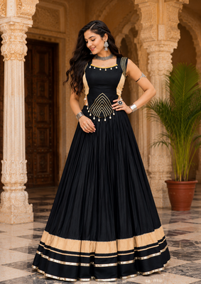 Black Navratri Rayon Lehenga Choli Set with Designer Panel Work 1