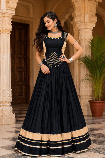Black Navratri Rayon Lehenga Choli Set with Designer Panel Work