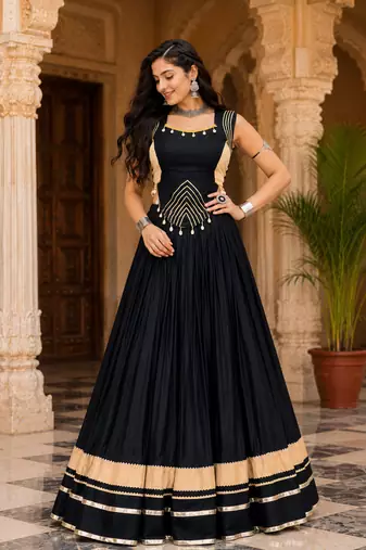 Black Navratri Rayon Lehenga Choli Set with Designer Panel Work
