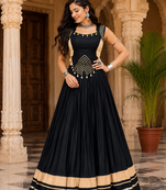 Black Navratri Rayon Lehenga Choli Set with Designer Panel Work
