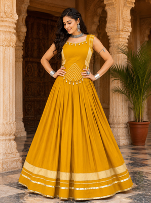 Yellow Navratri Rayon Lehenga Choli Set with Designer Panel Work 1