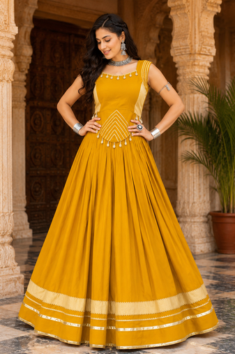 Yellow Navratri Rayon Lehenga Choli Set with Designer Panel Work