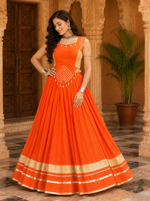 Orange Navratri Rayon Lehenga Choli Set with Designer Panel Work 1