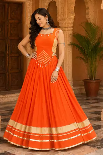 Orange Navratri Rayon Lehenga Choli Set with Designer Panel Work