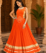 Orange Navratri Rayon Lehenga Choli Set with Designer Panel Work