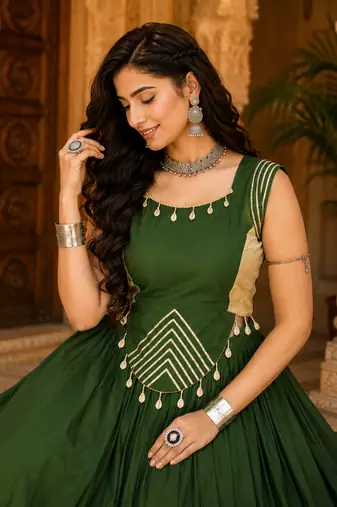 Green Navratri Rayon Lehenga Choli Set with Designer Panel Work