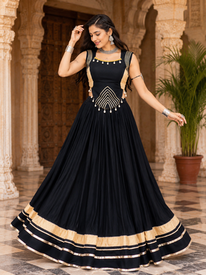 Black Navratri Rayon Lehenga Choli Set with Designer Panel Work 2