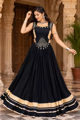 Black Navratri Rayon Lehenga Choli Set with Designer Panel Work