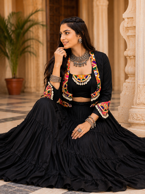 Black Navratri Rayon Lehenga Choli with Jacket Set 2